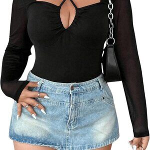 Plus Size Women's Mesh Halter Top Criss Cross V Neck Long Sleeves Comfortable